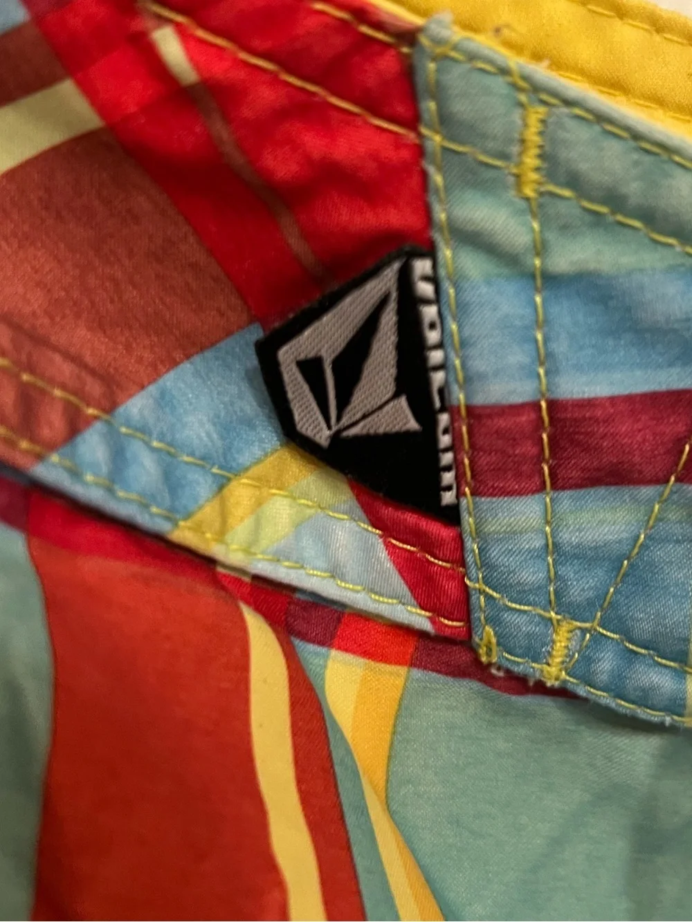 Volcom Men’s Plaid Swim Trunks in Yellow, Red & Blue, Size 32